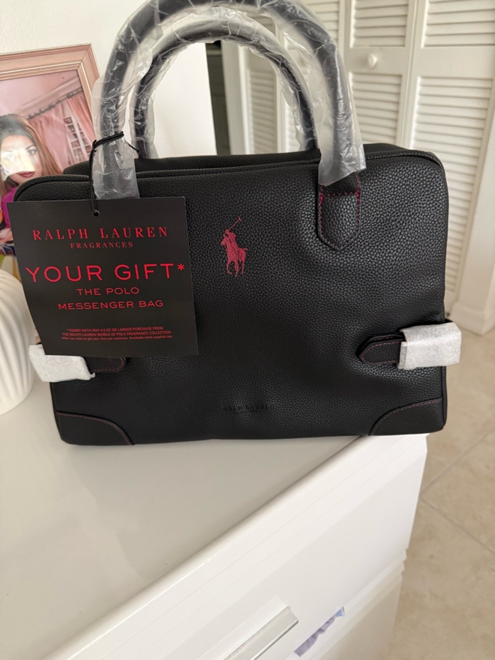 Ralph Lauren Black Leather Messenger Bag with Polo Logo